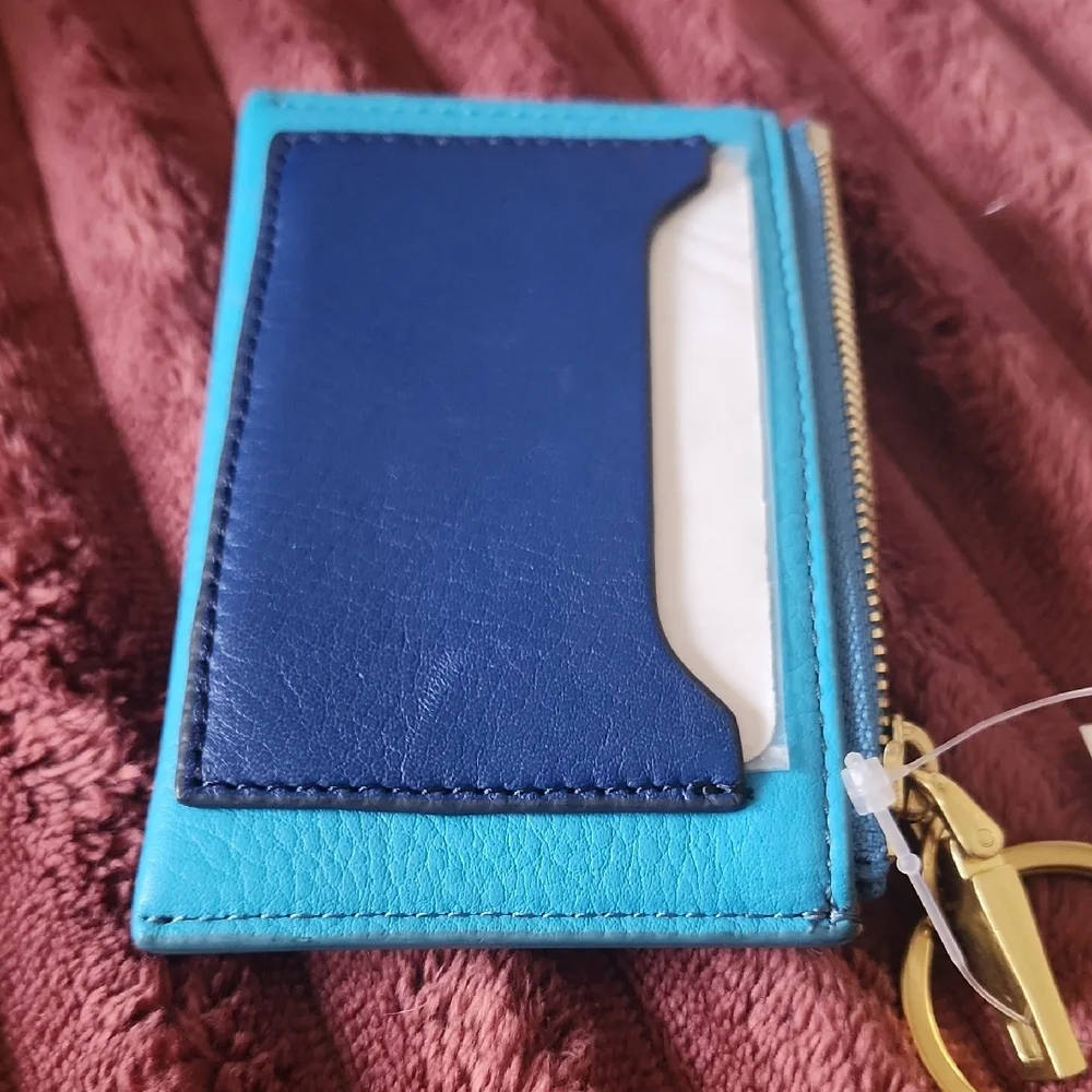 NWT J Crew Blue and Turquoise Card Holder with Gold Keyring - Picture 4 of 4